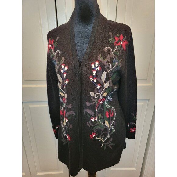 Black Floral Open Cardigan Pleated Embroidered L Whimsygoth Cottage Fairy Boho - Picture 1 of 7